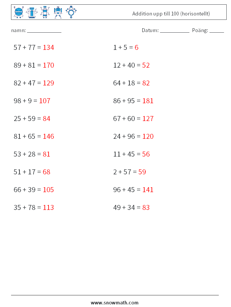 (20) Addition upp till 100 (horisontellt) Matematiska arbetsblad 4 Fråga, svar