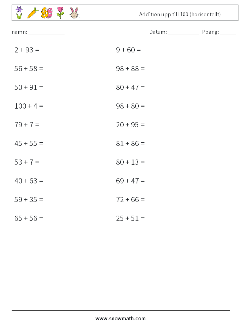 (20) Addition upp till 100 (horisontellt) Matematiska arbetsblad 5