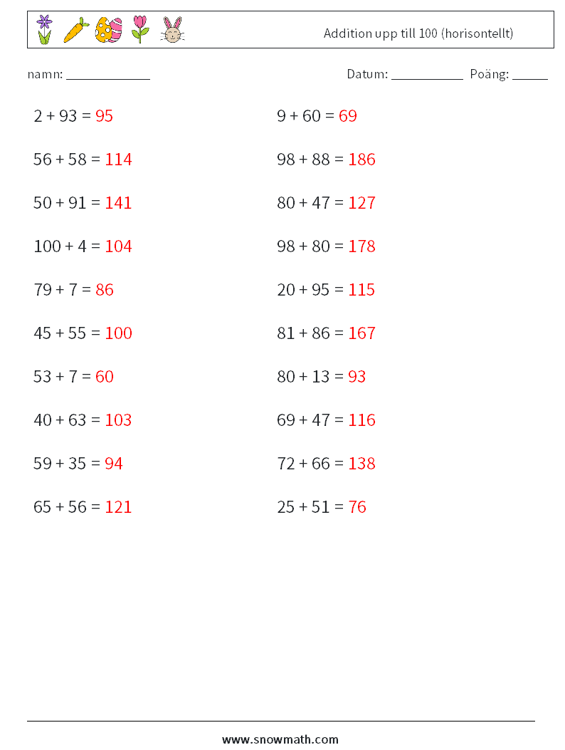 (20) Addition upp till 100 (horisontellt) Matematiska arbetsblad 5 Fråga, svar