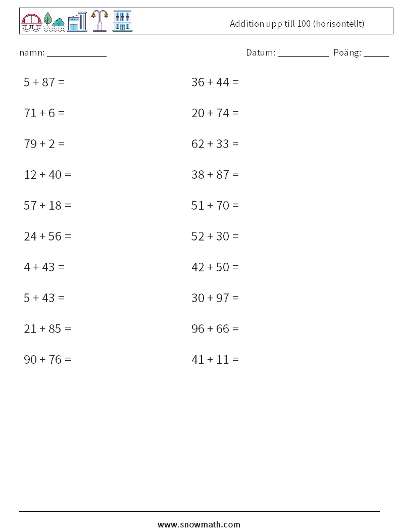 (20) Addition upp till 100 (horisontellt) Matematiska arbetsblad 6