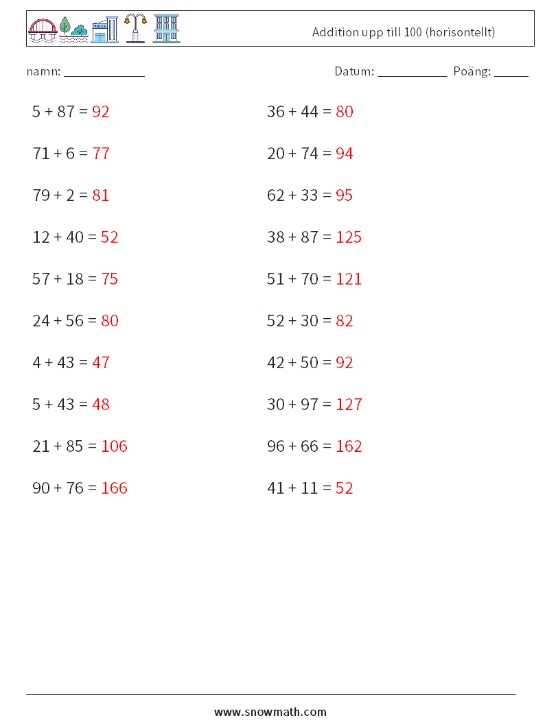 (20) Addition upp till 100 (horisontellt) Matematiska arbetsblad 6 Fråga, svar
