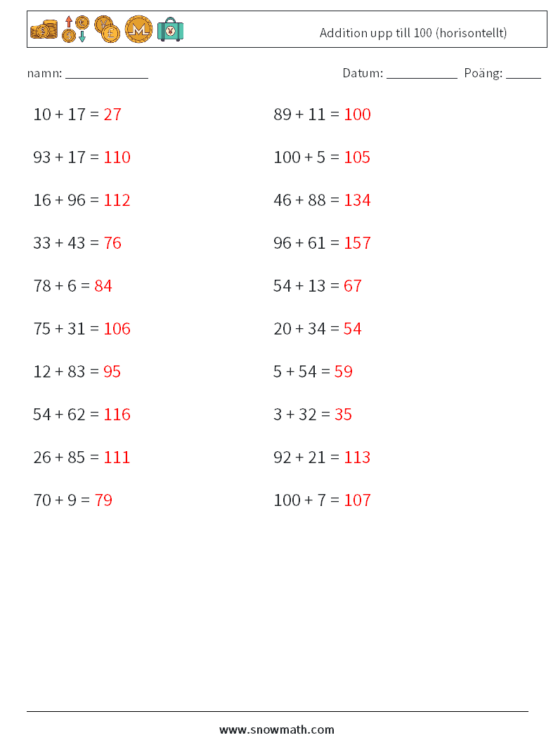 (20) Addition upp till 100 (horisontellt) Matematiska arbetsblad 7 Fråga, svar