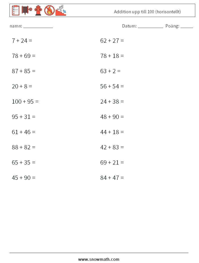 (20) Addition upp till 100 (horisontellt) Matematiska arbetsblad 8