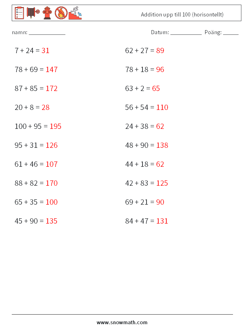 (20) Addition upp till 100 (horisontellt) Matematiska arbetsblad 8 Fråga, svar