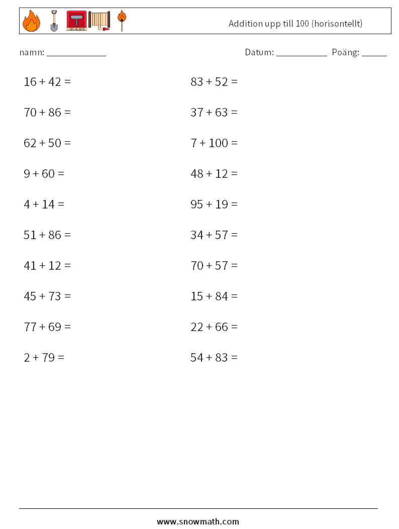 (20) Addition upp till 100 (horisontellt) Matematiska arbetsblad 9