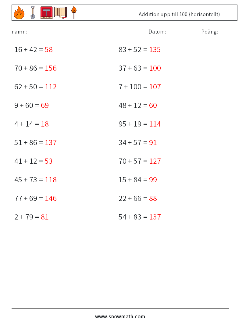 (20) Addition upp till 100 (horisontellt) Matematiska arbetsblad 9 Fråga, svar