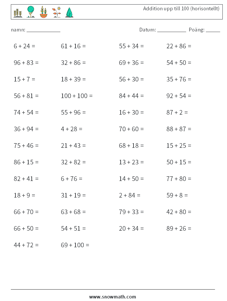 (50) Addition upp till 100 (horisontellt) Matematiska arbetsblad 1