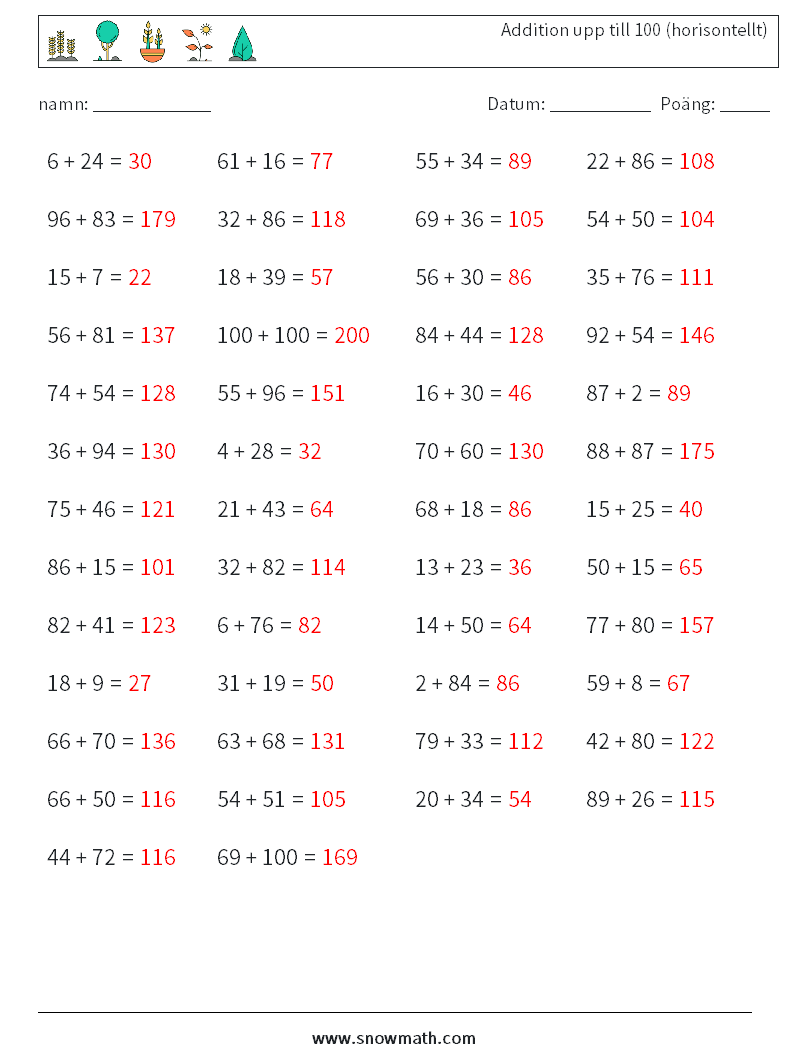 (50) Addition upp till 100 (horisontellt) Matematiska arbetsblad 1 Fråga, svar
