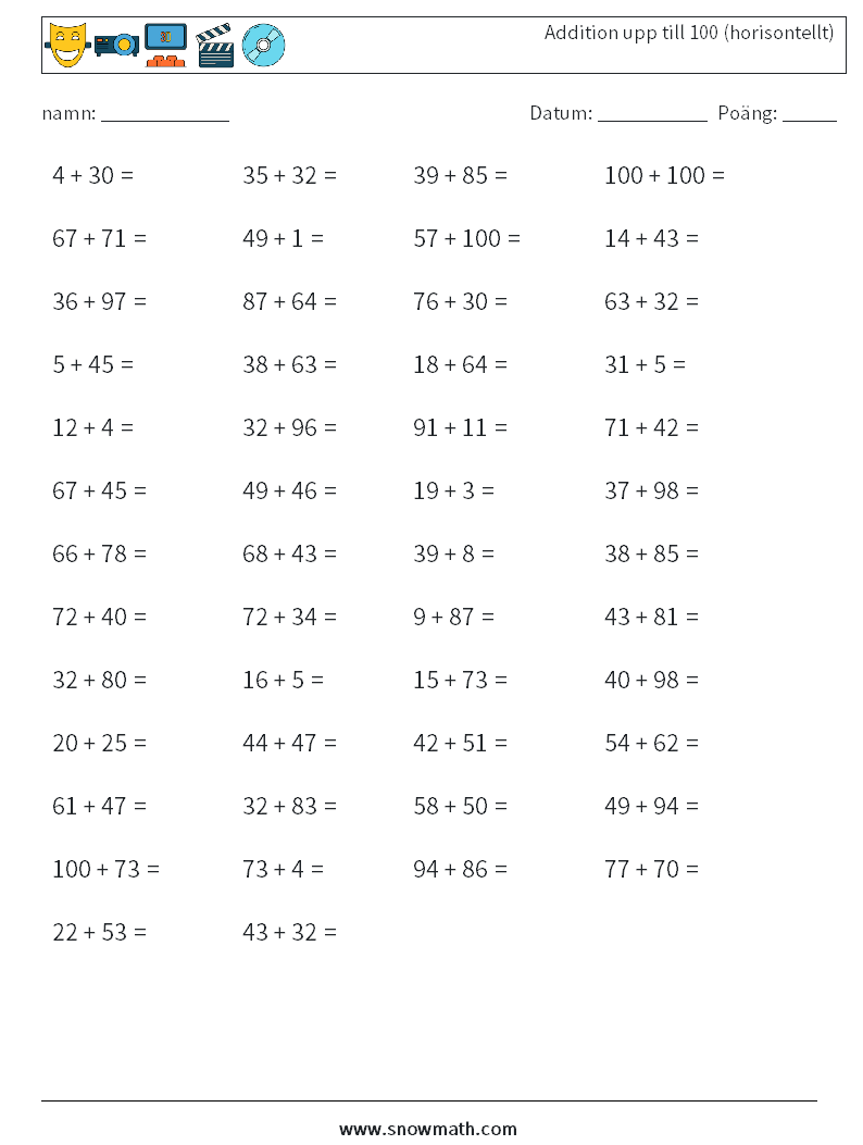 (50) Addition upp till 100 (horisontellt) Matematiska arbetsblad 2