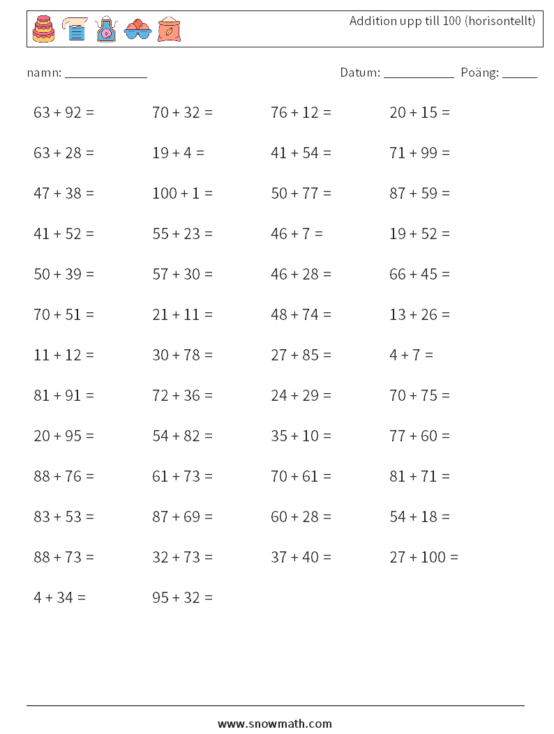 (50) Addition upp till 100 (horisontellt) Matematiska arbetsblad 3