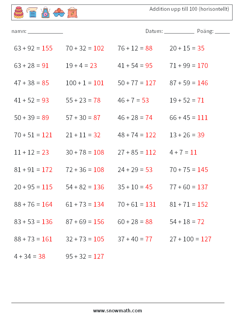 (50) Addition upp till 100 (horisontellt) Matematiska arbetsblad 3 Fråga, svar