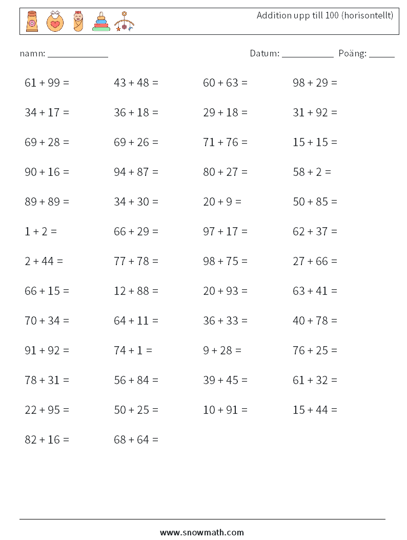 (50) Addition upp till 100 (horisontellt) Matematiska arbetsblad 4