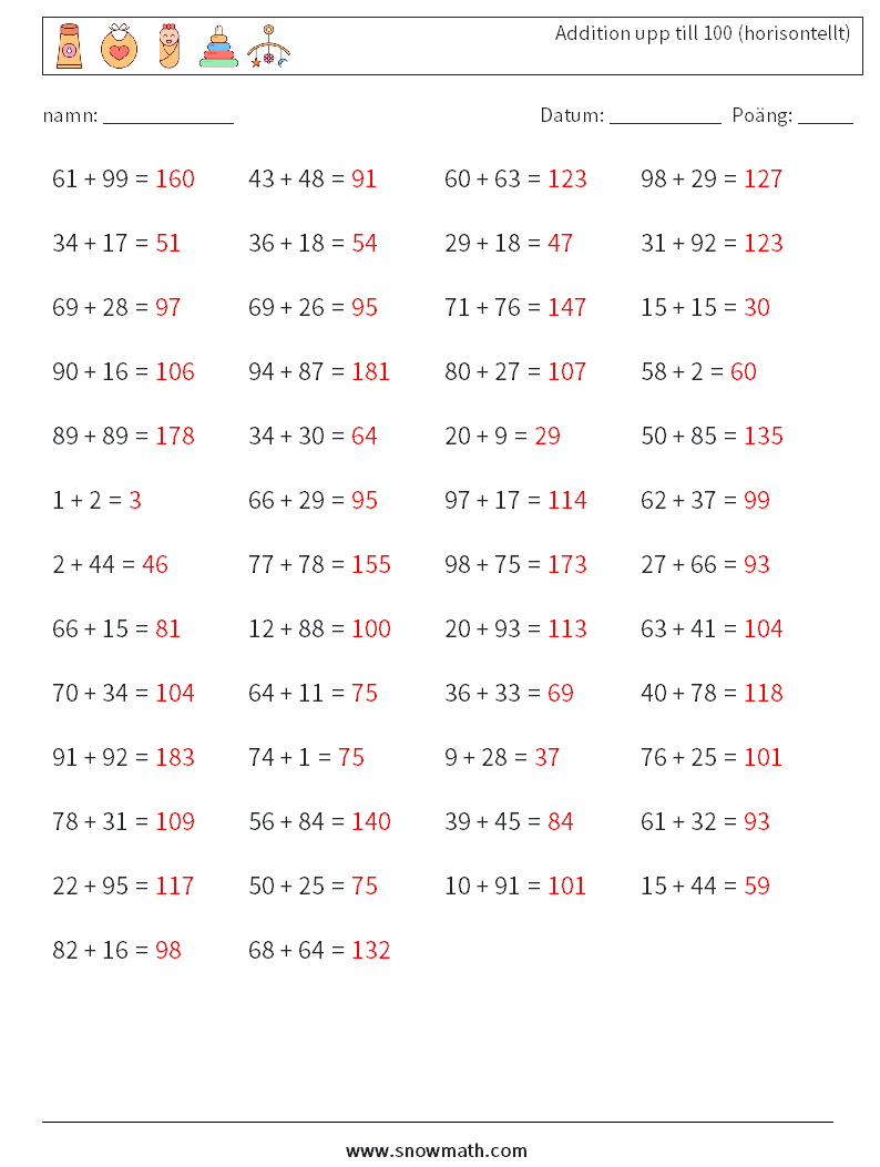 (50) Addition upp till 100 (horisontellt) Matematiska arbetsblad 4 Fråga, svar