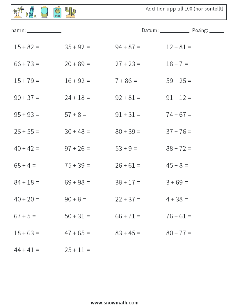 (50) Addition upp till 100 (horisontellt) Matematiska arbetsblad 5