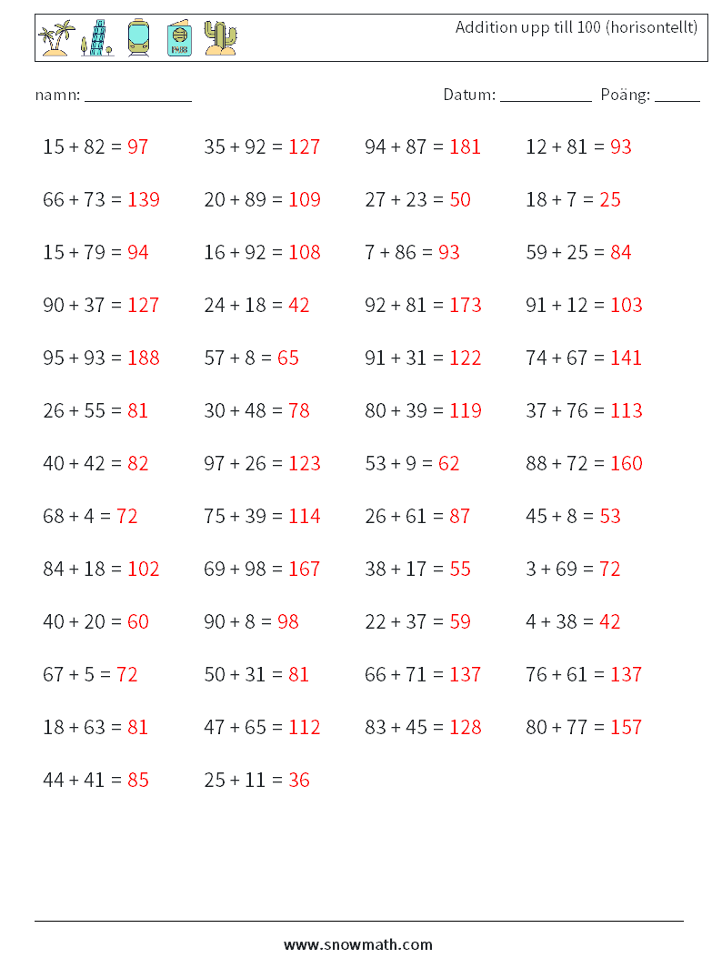 (50) Addition upp till 100 (horisontellt) Matematiska arbetsblad 5 Fråga, svar