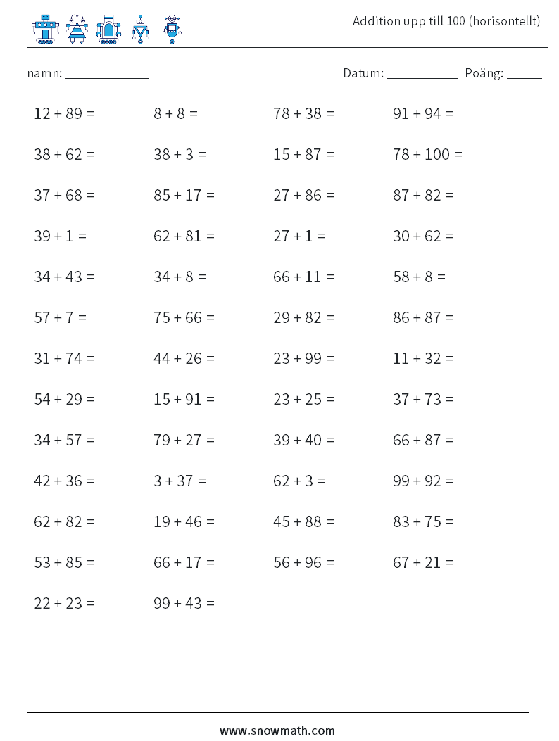 (50) Addition upp till 100 (horisontellt) Matematiska arbetsblad 6