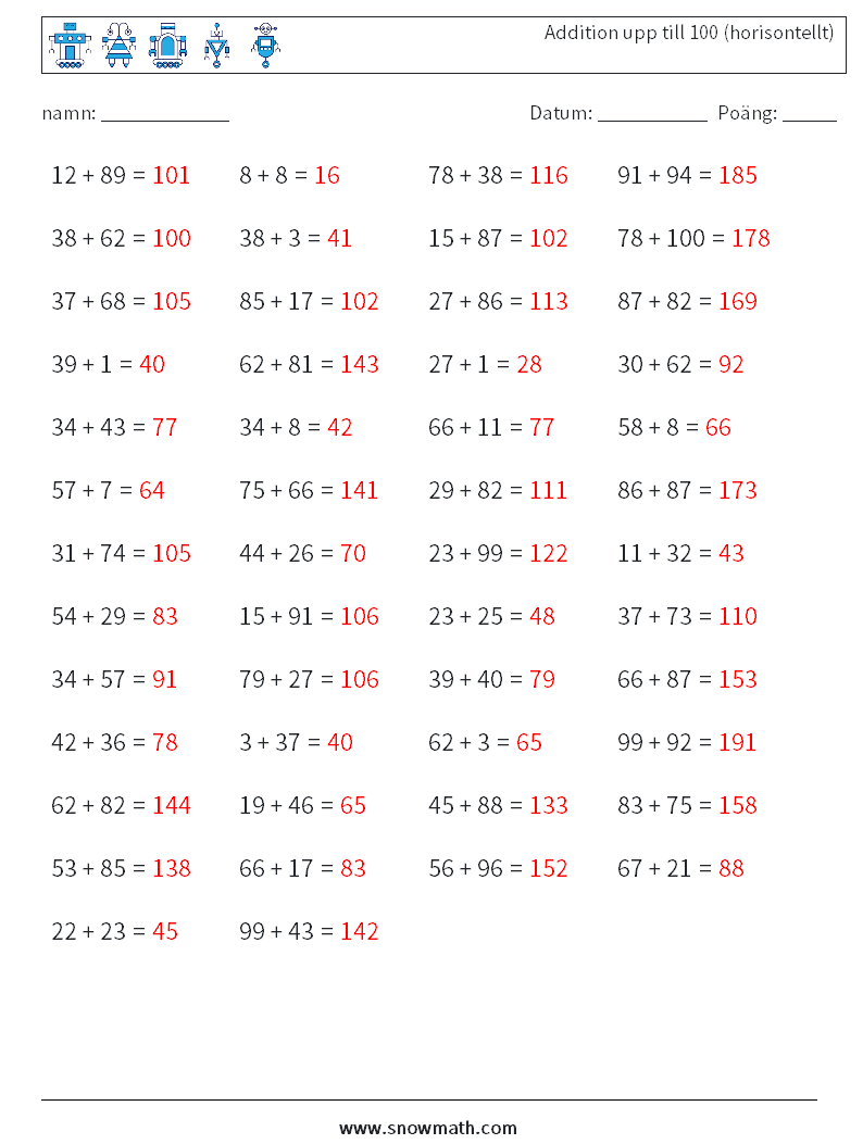 (50) Addition upp till 100 (horisontellt) Matematiska arbetsblad 6 Fråga, svar