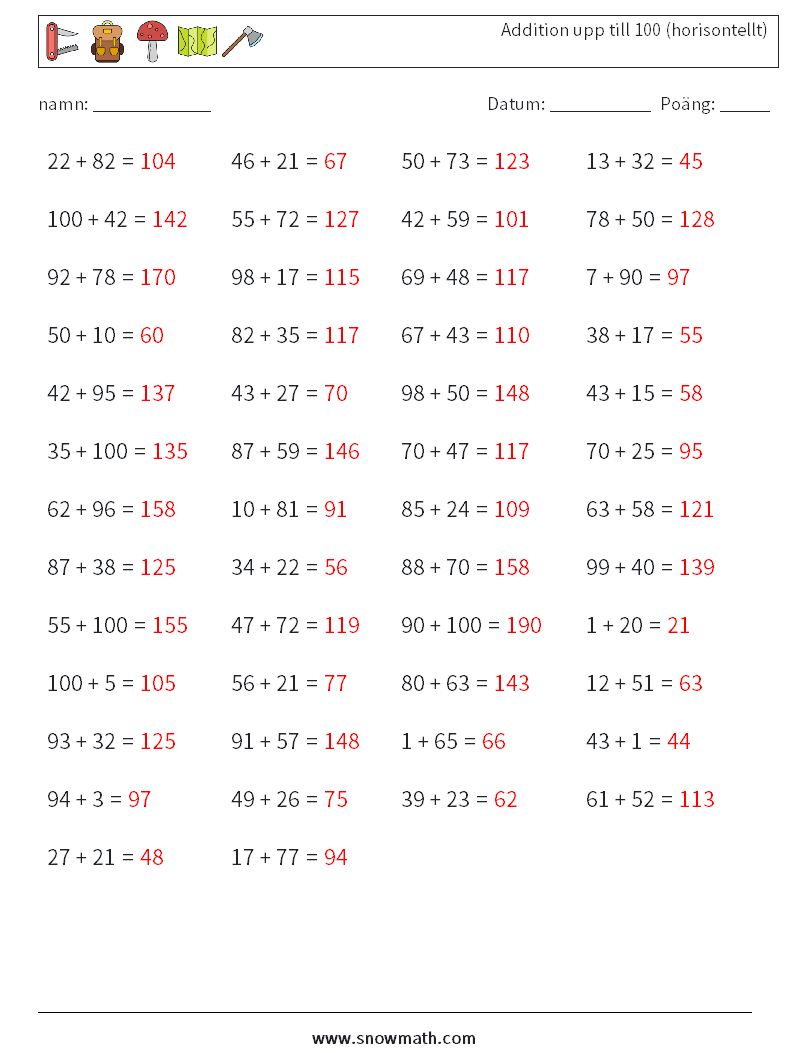 (50) Addition upp till 100 (horisontellt) Matematiska arbetsblad 7 Fråga, svar