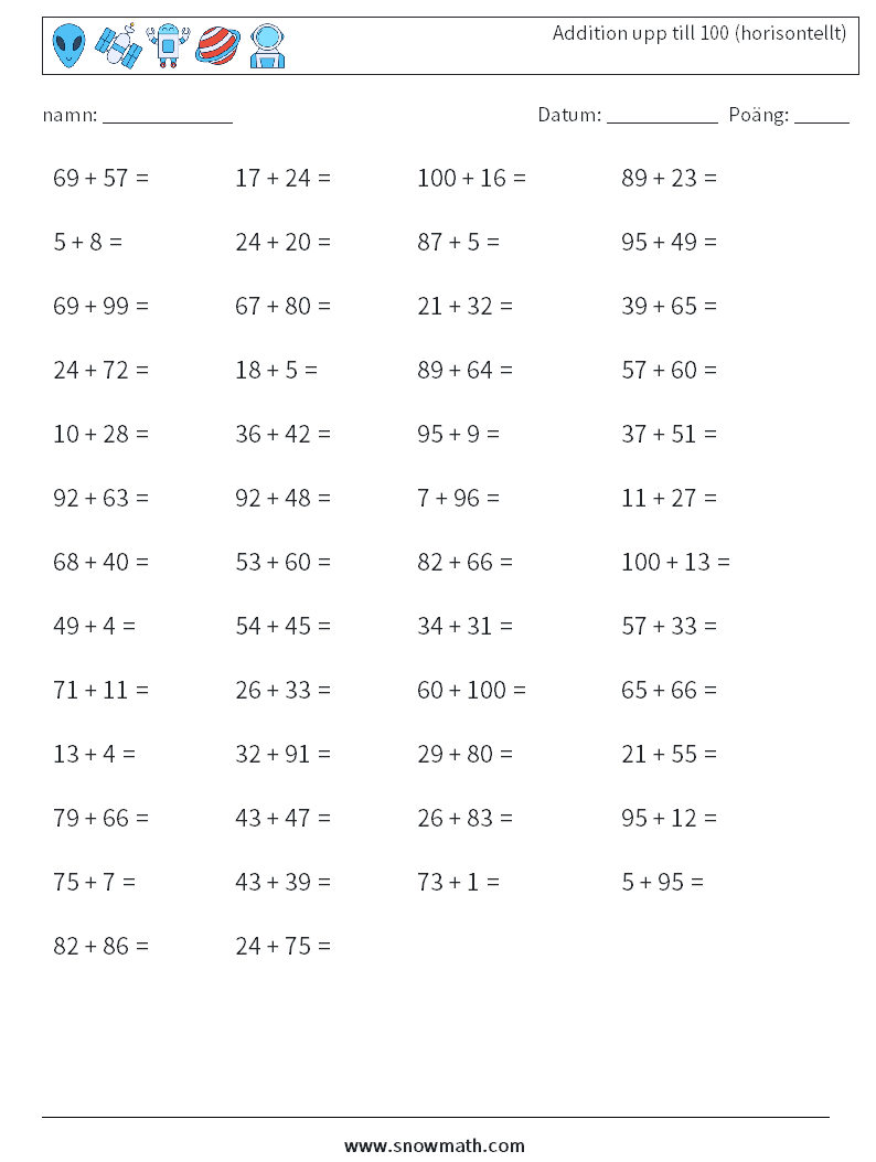 (50) Addition upp till 100 (horisontellt) Matematiska arbetsblad 8