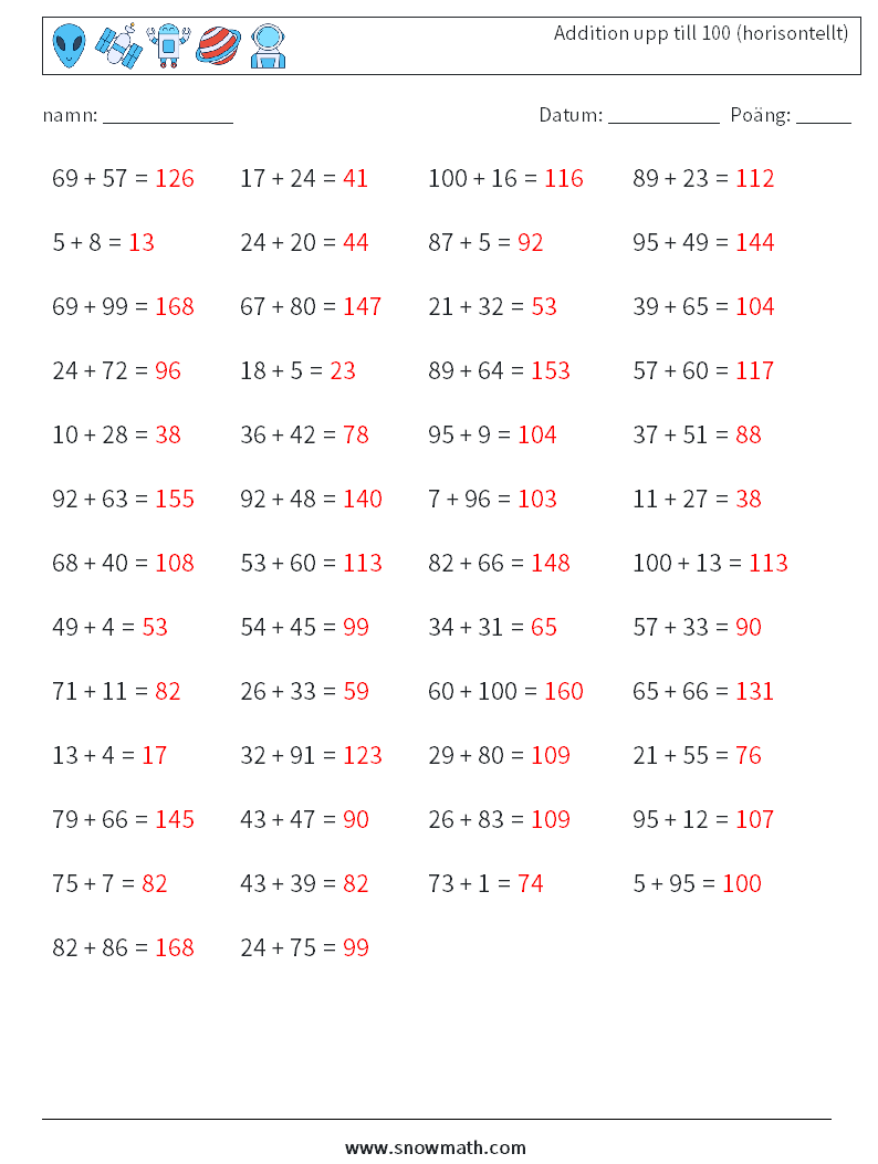 (50) Addition upp till 100 (horisontellt) Matematiska arbetsblad 8 Fråga, svar