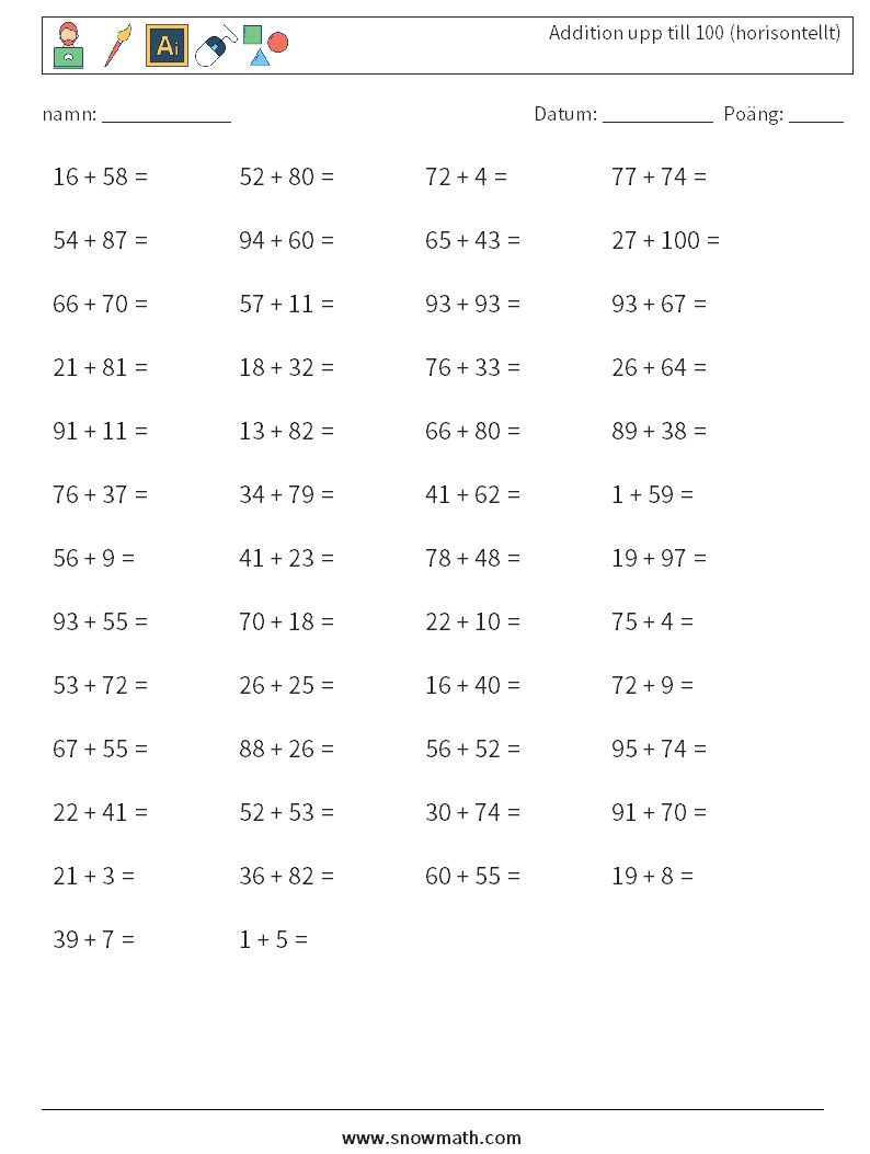 (50) Addition upp till 100 (horisontellt) Matematiska arbetsblad 9