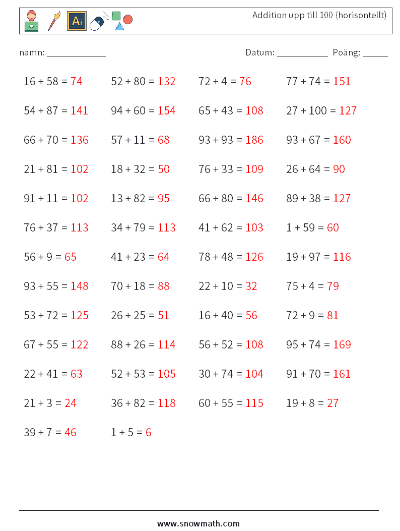 (50) Addition upp till 100 (horisontellt) Matematiska arbetsblad 9 Fråga, svar