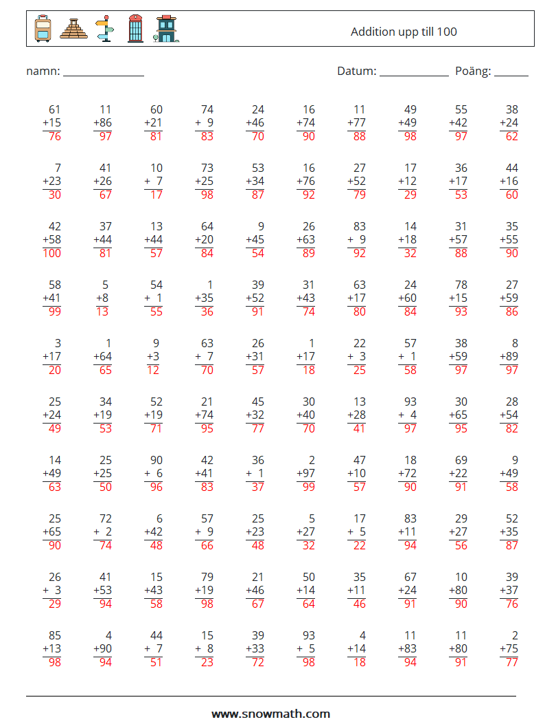 (100) Addition upp till 100 Matematiska arbetsblad 10 Fråga, svar