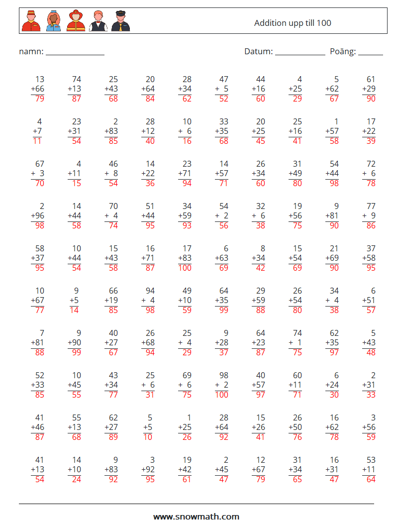 (100) Addition upp till 100 Matematiska arbetsblad 13 Fråga, svar