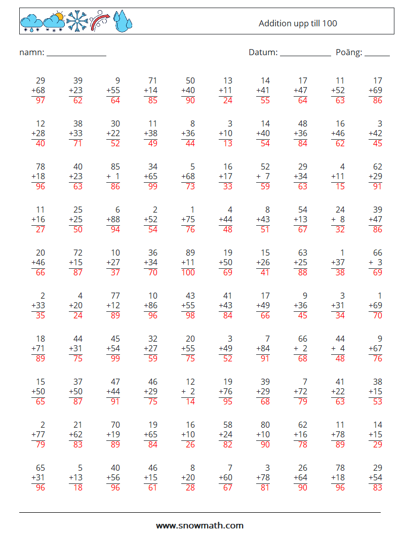 (100) Addition upp till 100 Matematiska arbetsblad 15 Fråga, svar