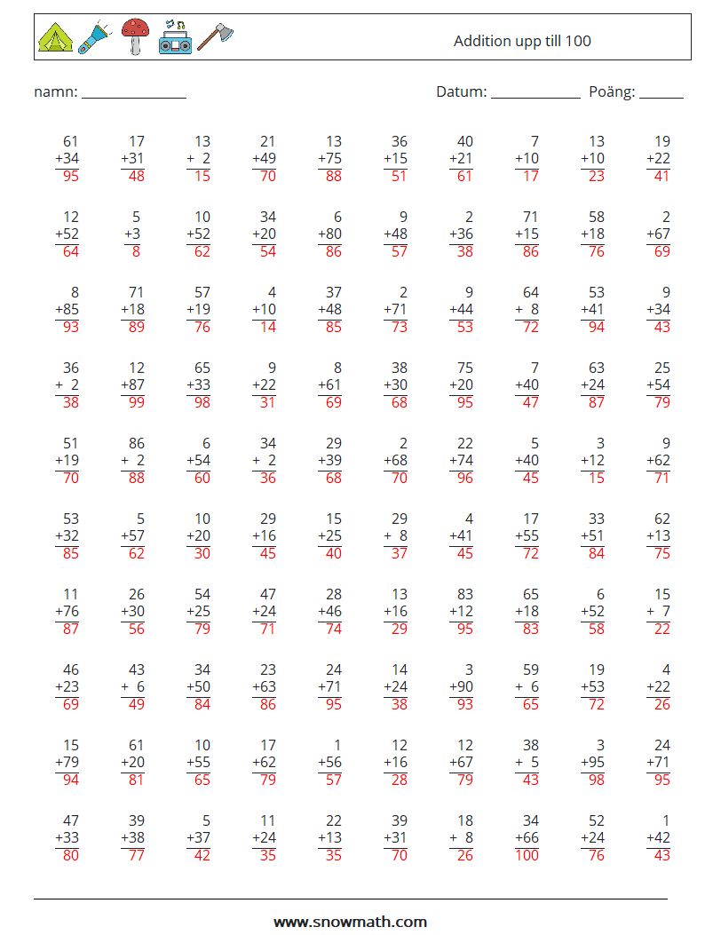 (100) Addition upp till 100 Matematiska arbetsblad 17 Fråga, svar