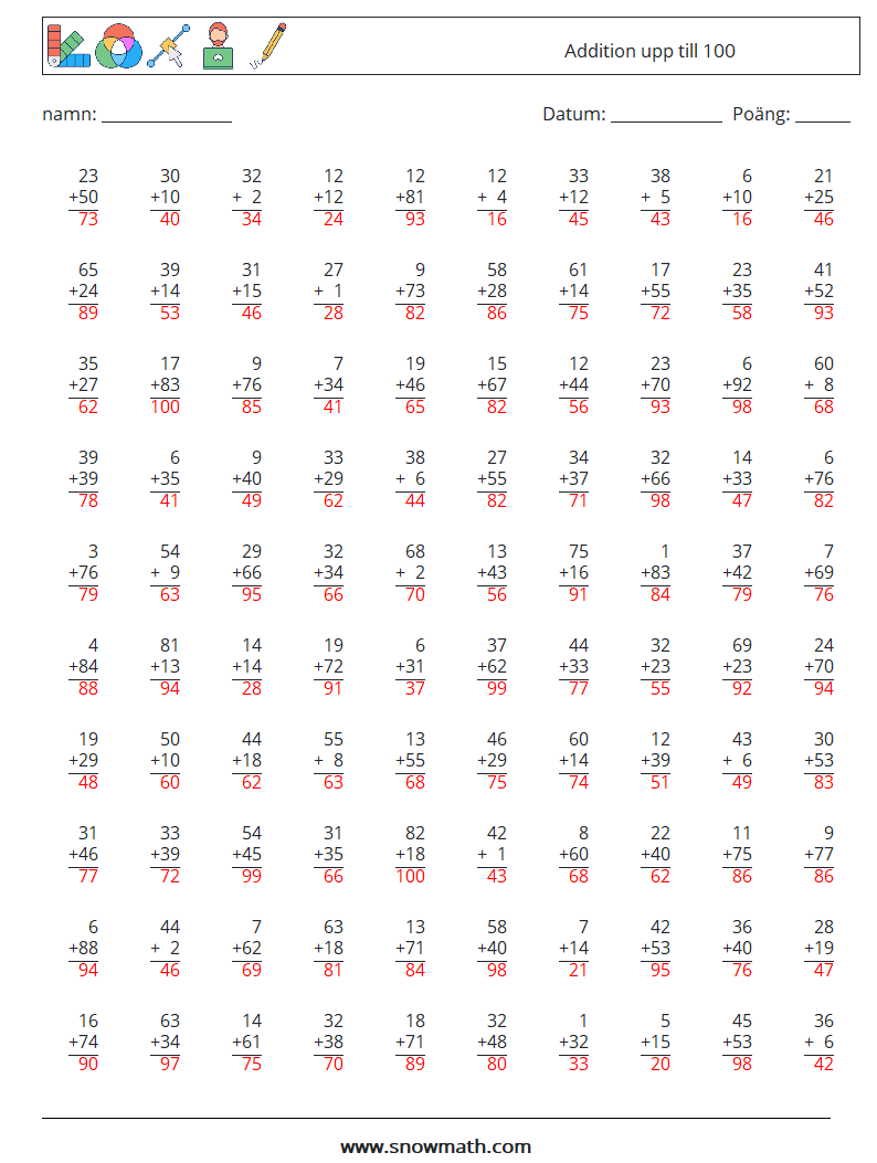 (100) Addition upp till 100 Matematiska arbetsblad 18 Fråga, svar