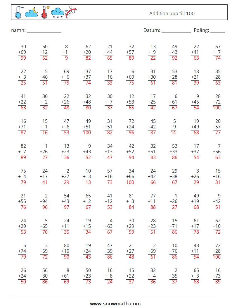 (100) Addition upp till 100 Matematiska arbetsblad 1 Fråga, svar