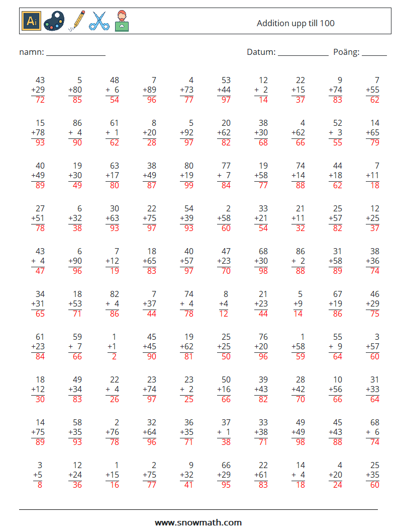 (100) Addition upp till 100 Matematiska arbetsblad 2 Fråga, svar