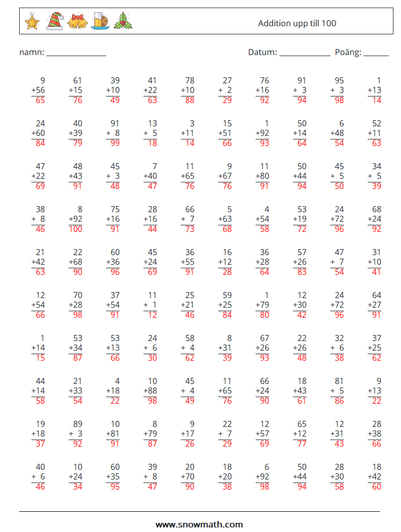 (100) Addition upp till 100 Matematiska arbetsblad 3 Fråga, svar