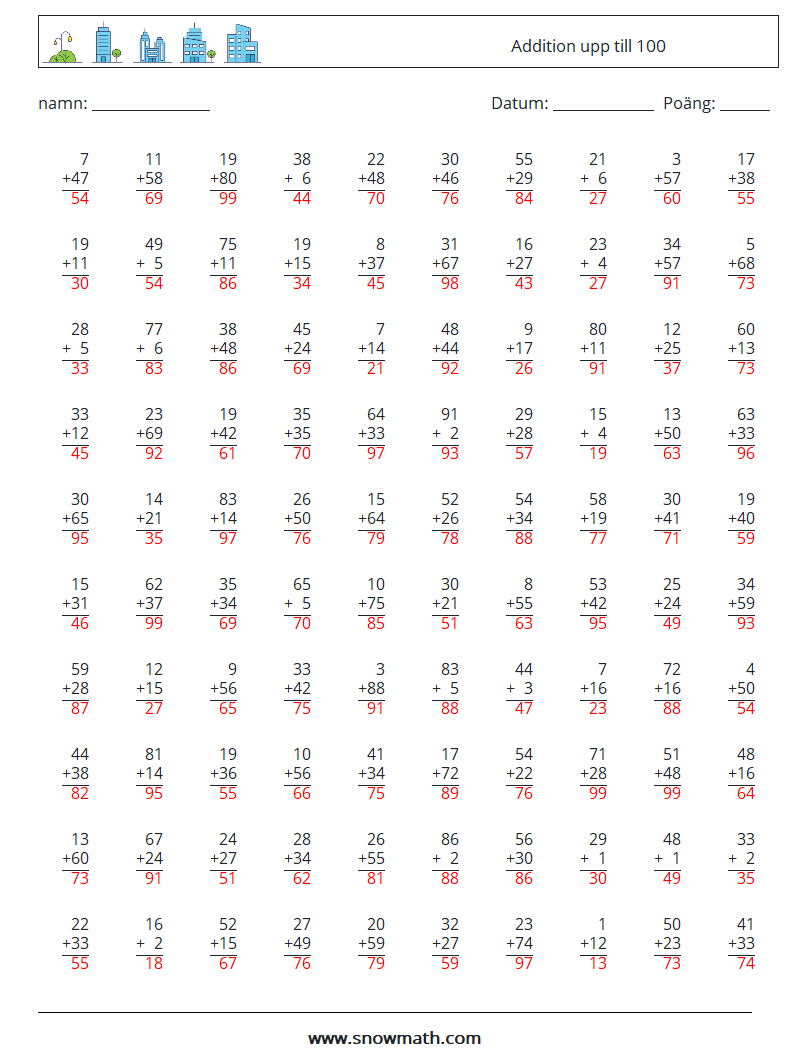 (100) Addition upp till 100 Matematiska arbetsblad 4 Fråga, svar