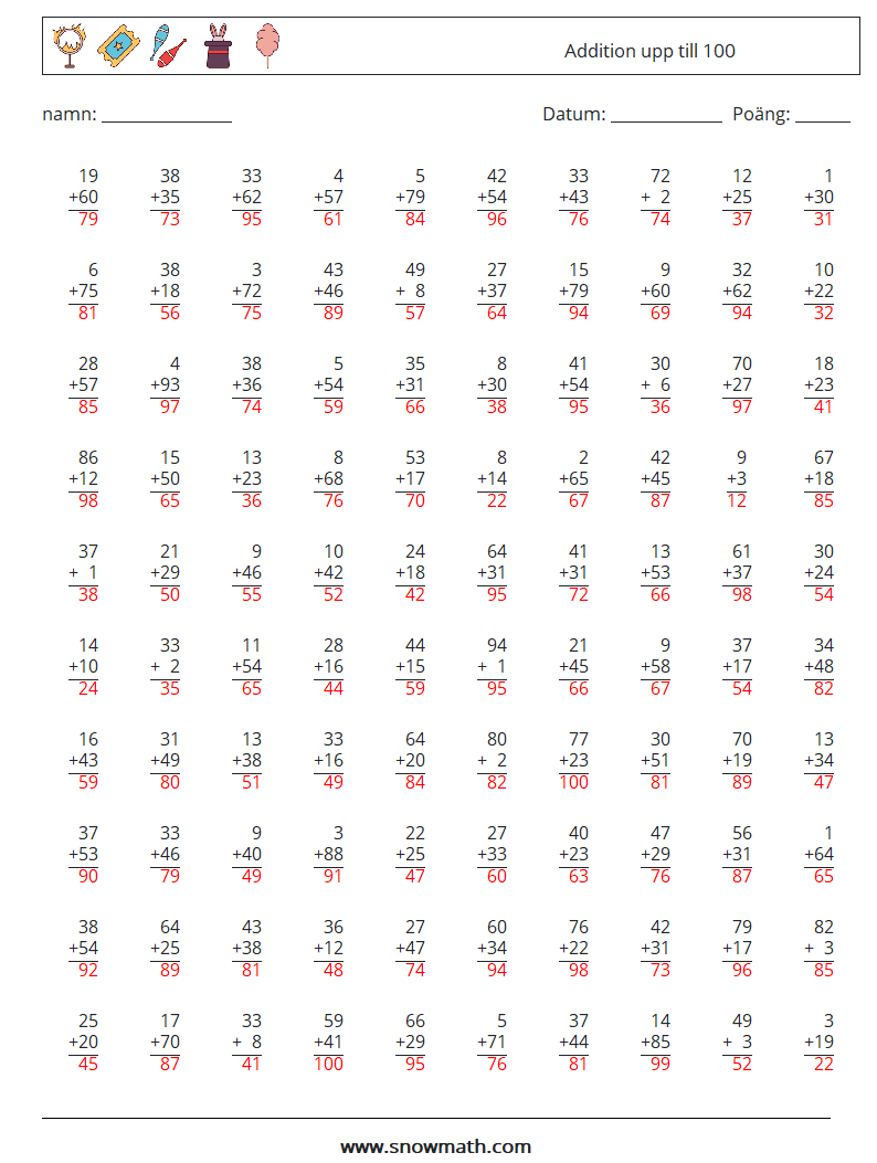 (100) Addition upp till 100 Matematiska arbetsblad 5 Fråga, svar