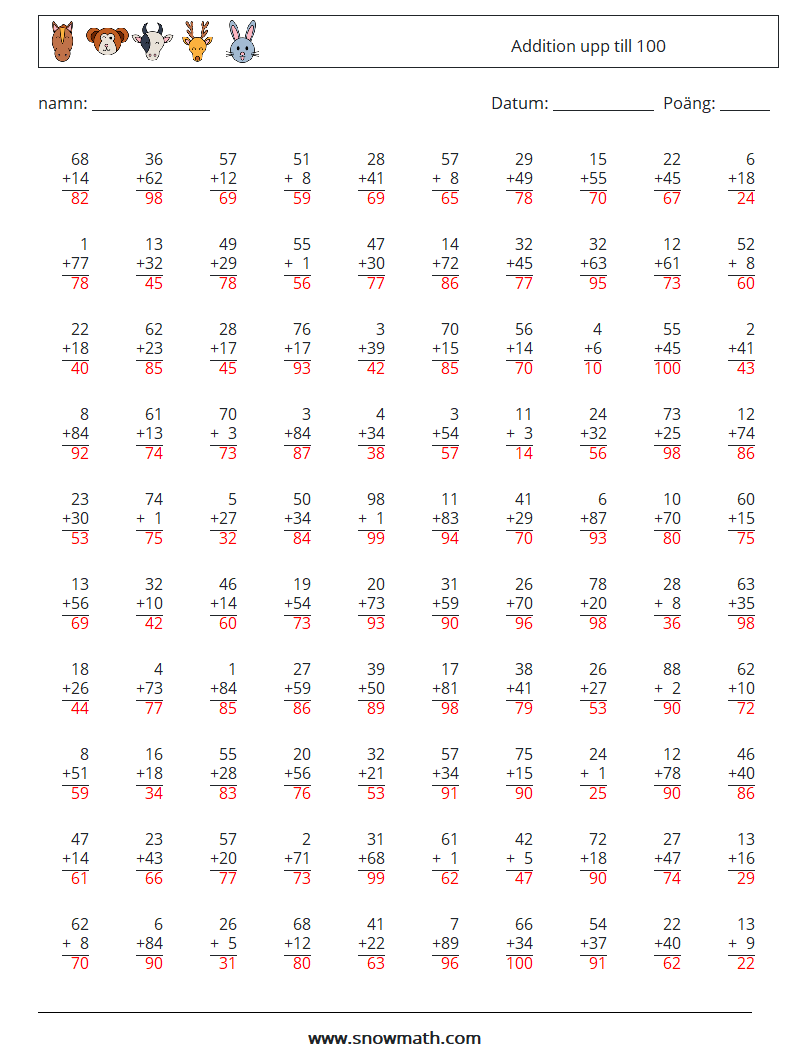 (100) Addition upp till 100 Matematiska arbetsblad 6 Fråga, svar