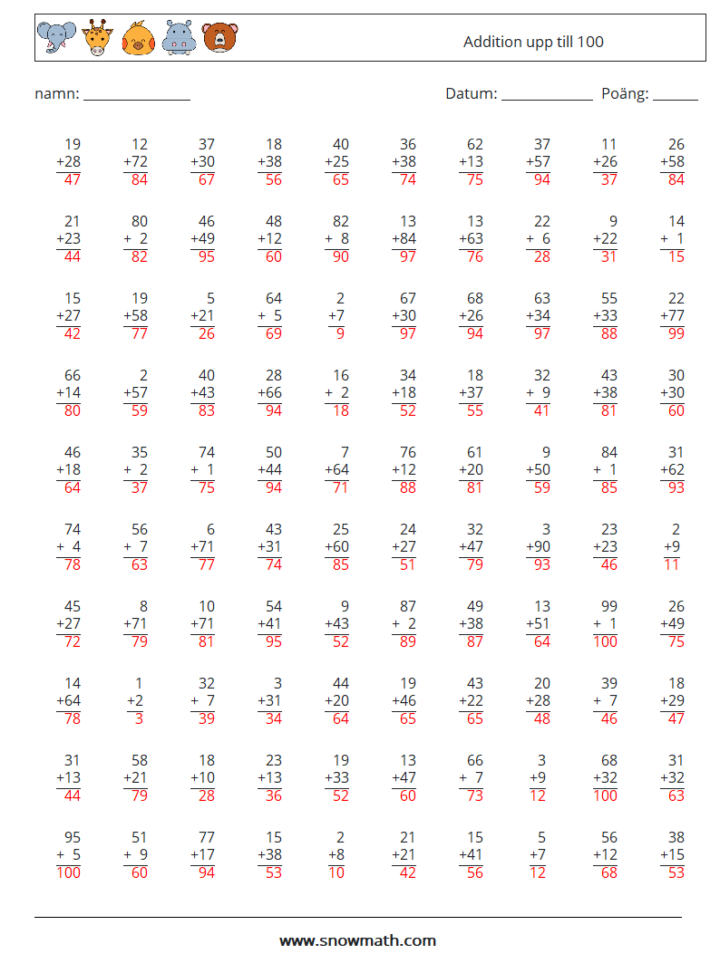 (100) Addition upp till 100 Matematiska arbetsblad 8 Fråga, svar