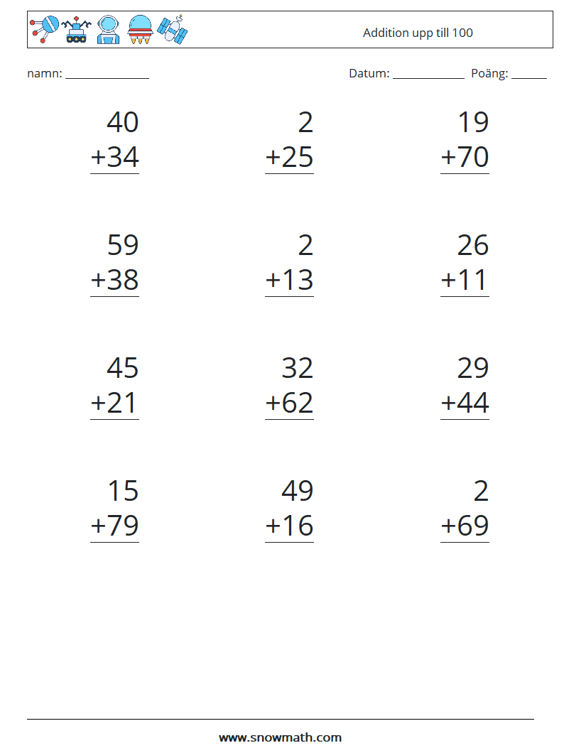 (12) Addition upp till 100 Matematiska arbetsblad 1