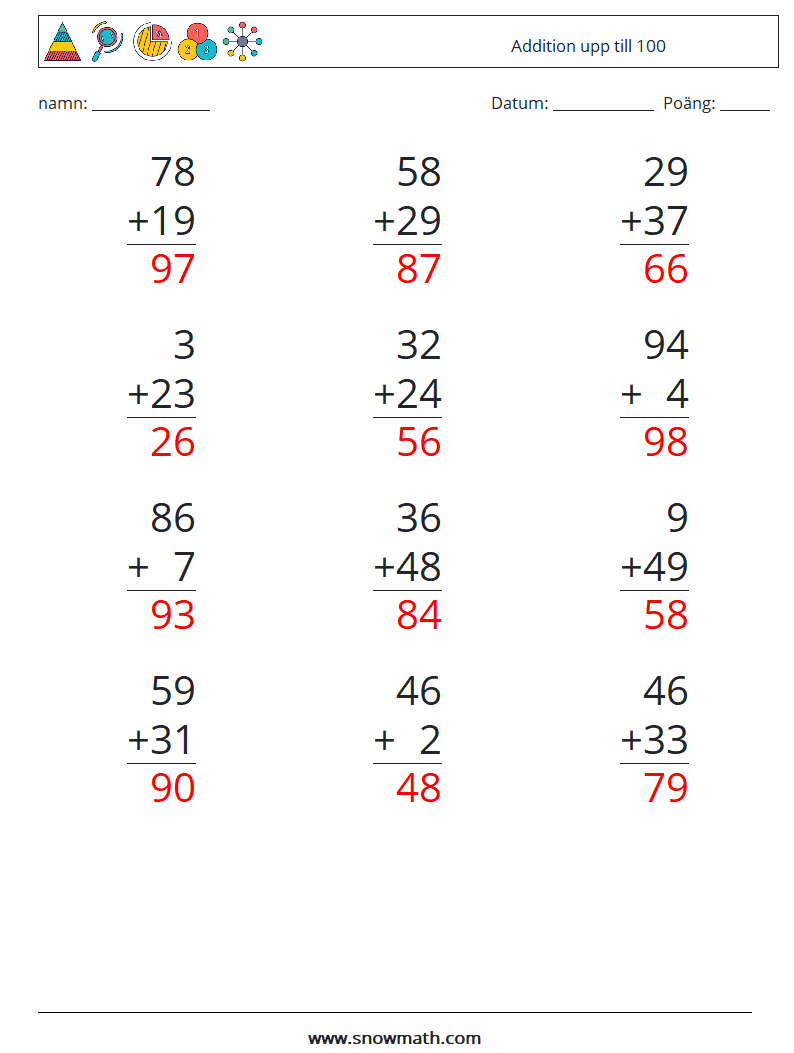 (12) Addition upp till 100 Matematiska arbetsblad 11 Fråga, svar