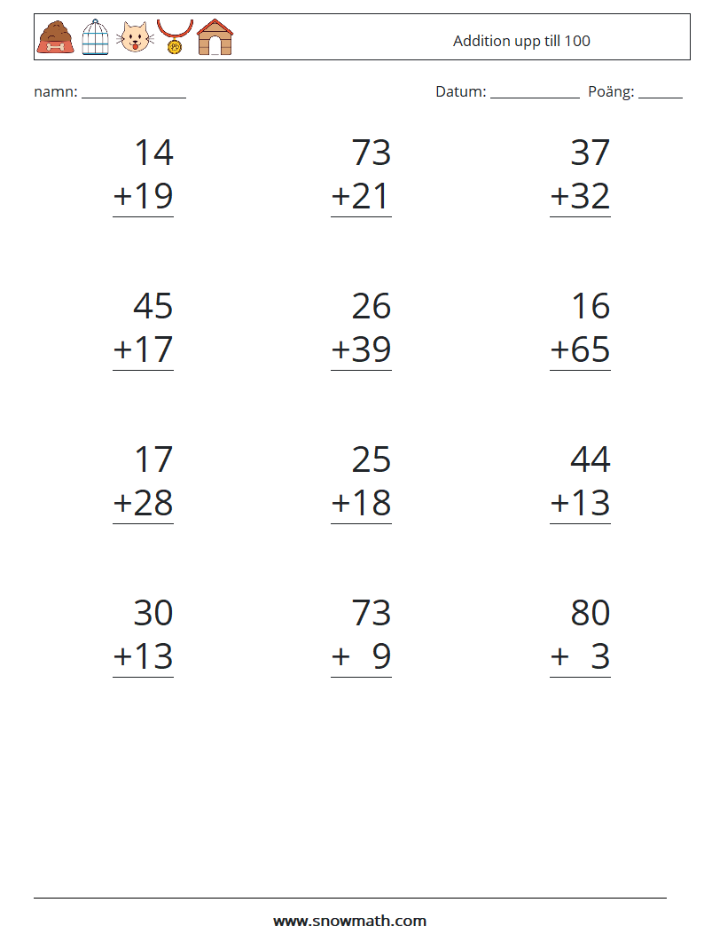 (12) Addition upp till 100 Matematiska arbetsblad 12