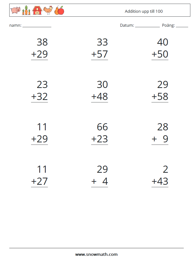 (12) Addition upp till 100 Matematiska arbetsblad 13