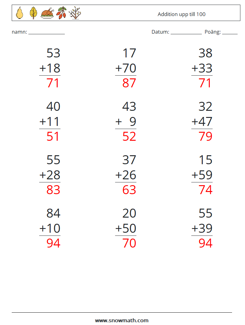 (12) Addition upp till 100 Matematiska arbetsblad 14 Fråga, svar