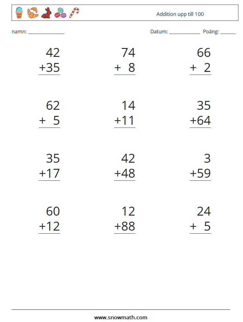 (12) Addition upp till 100 Matematiska arbetsblad 15