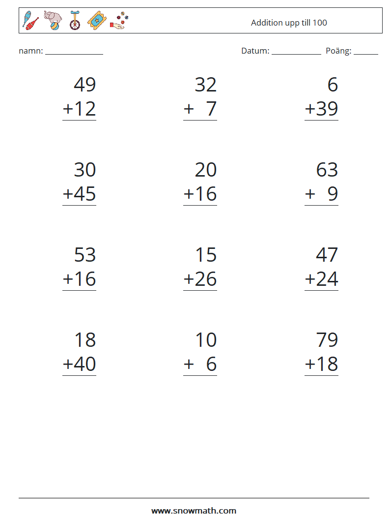 (12) Addition upp till 100 Matematiska arbetsblad 16