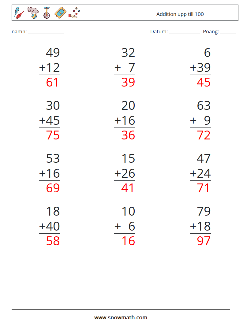 (12) Addition upp till 100 Matematiska arbetsblad 16 Fråga, svar