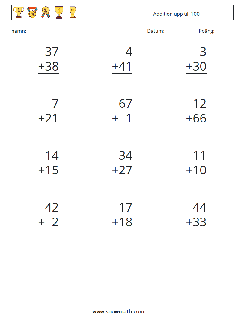 (12) Addition upp till 100 Matematiska arbetsblad 18