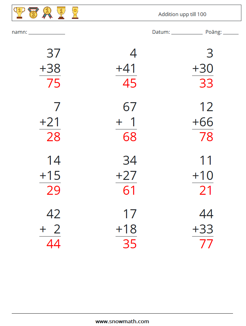 (12) Addition upp till 100 Matematiska arbetsblad 18 Fråga, svar