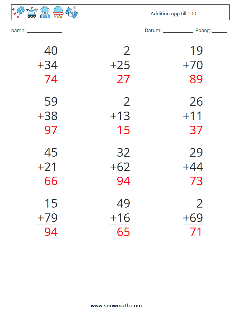 (12) Addition upp till 100 Matematiska arbetsblad 1 Fråga, svar