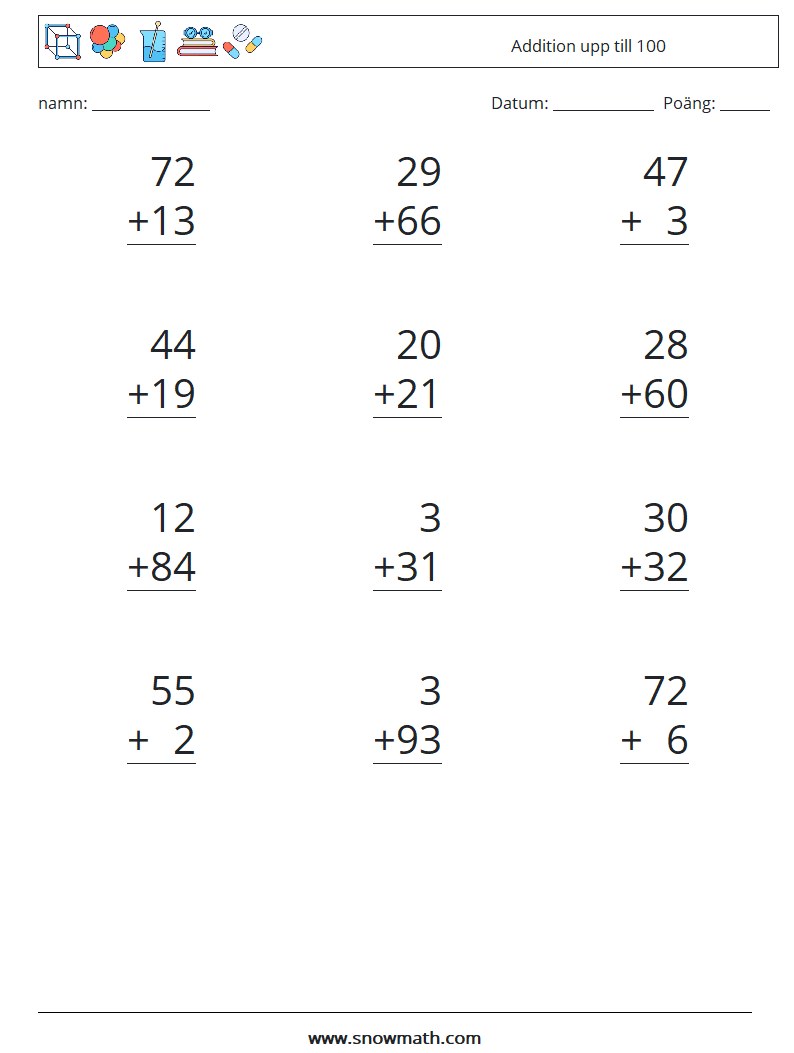 (12) Addition upp till 100 Matematiska arbetsblad 2